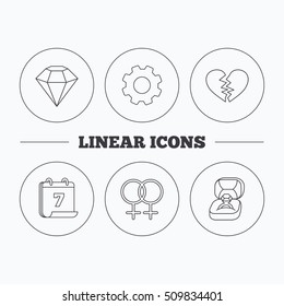 Broken heart, diamond and engagement ring icons. Lesbian love linear sign. Flat cogwheel and calendar symbols. Linear icons in circle buttons. Vector