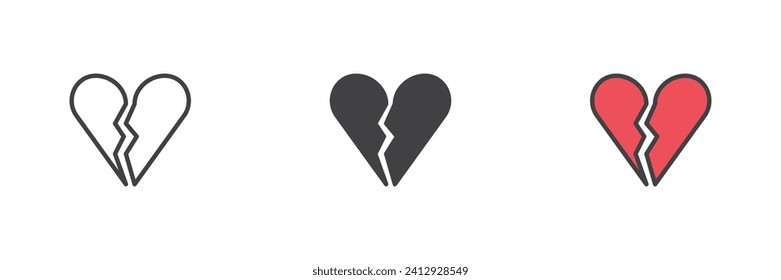 Juego de iconos de estilos diferentes de corazón roto. Línea, glifo y contorno relleno versión colorida, contorno y signo vectorial relleno. Símbolo del fin del amor, ilustración del logo. Gráficos vectoriales