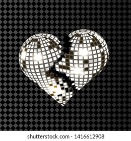 Broken heart disco ball in grey isolated on transparent background. Vector.
