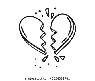 broken heart doodle hand drawn icon. Outline drawing broken heart line clipart symbol. Vector illustration