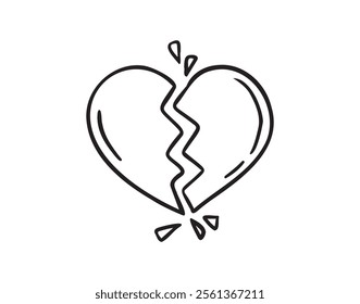 broken heart doodle hand drawn icon. Outline drawing broken heart line clipart symbol. Vector illustration