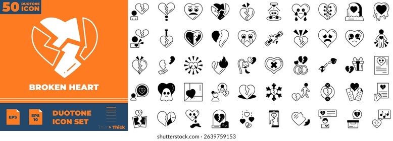 Broken Heart Duotone Editable Icons set. Vector illustration in modern thin duotone style of broken heart icons: heart, broken, cry, arrow heart, etc