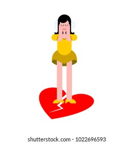 Broken heart. End of love. Woman is crying. female hysterics. Lot of tears. Fountains of teardrop. Sadness and suffering Vector illustration.
