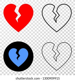 Broken heart EPS vector icon with contour, black and colored versions. Illustration style is flat iconic symbol on chess transparent background.
