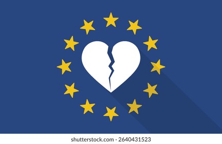 Broken Heart European Union Flag with Long Shadow Symbol of Crisis and Division.