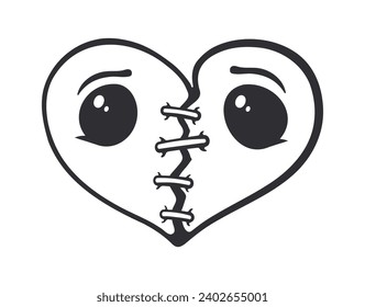 Broken heart with eyes and crack. Vector illustration. Hand drawn Doodle. Design element Isolated on white background. Simple outline drawing