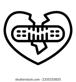 Broken heart fix line icon, valentine day concept, two half heart glued with plaster together sign on white background, recovery relationship icon in outline style. Vector graphics