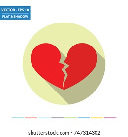 Broken heart flat icon with long shadow. Vector Illustration.