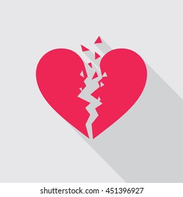 Broken heart flat icon in red color on gray background. Hurt love symbol. Vector illustration in eps8 format.