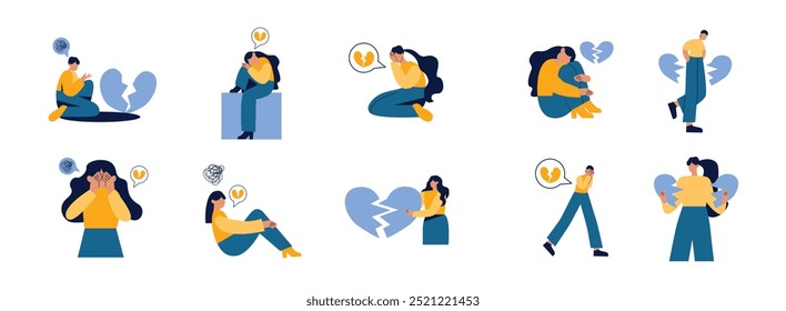 Broken Heart flat illustration set. Include of love, valentine, romance, sign, divorce, and broken. Vector illustration isolated.