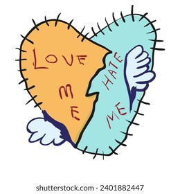 broken heart in flat style in vector.plush torn heart. image for poster sticker postcard print