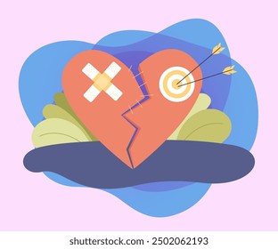 Broken heart flat vector illustration. Huge heart with target with arrows, adhesive bandage. Love failure, relationship concept for banner, web design
