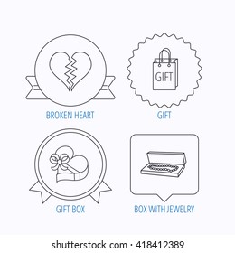 Broken heart, gift box and wedding jewelry icons. Box with jewelry linear sign. Award medal, star label and speech bubble designs. Vector