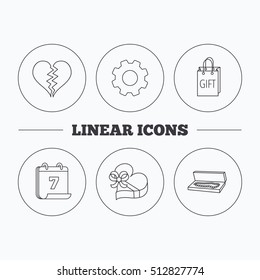 Broken heart, gift box and wedding jewelry icons. Box with jewelry linear sign. Flat cogwheel and calendar symbols. Linear icons in circle buttons. Vector