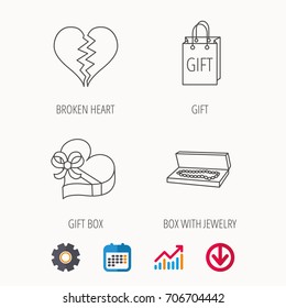Broken heart, gift box and wedding jewelry icons. Box with jewelry linear sign. Calendar, Graph chart and Cogwheel signs. Download colored web icon. Vector