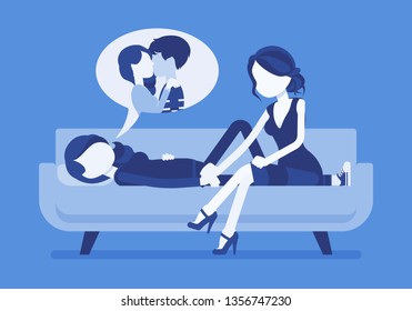 Broken heart girl, true friend to help. Young woman lying on sofa hurt after break up with boyfriend, painful romantic relationship, suffering from depression. Vector illustration, faceless characters