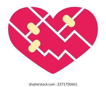 A broken heart, glued with a Band-Aid. Pink color. vector.