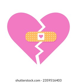 
Broken heart. Heart glued with plaster isolated on white background. Trying on. Flat vector illustration.