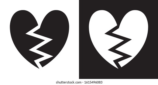 Broken Heart. Glyph Icon in White and Black Version.