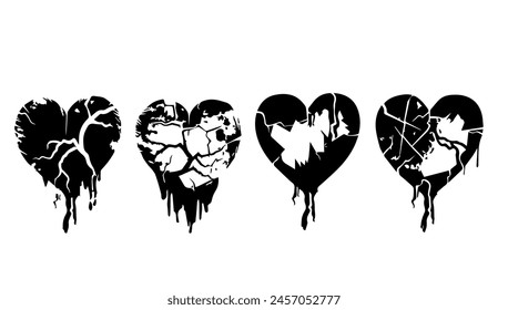 Broken heart gothic set vector illustration. Love symbol romance emo and sticker icon isolated white. Fashion shape silhouette abstract art and grunge decoration cartoon