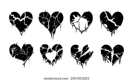 Broken heart gothic set vector illustration. Love symbol romance emo and sticker icon isolated white. Fashion shape silhouette abstract art and grunge decoration cartoon