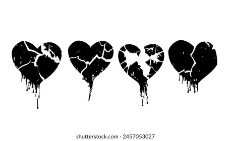 Broken heart gothic set vector illustration. Love symbol romance emo and sticker icon isolated white. Fashion shape silhouette abstract art and grunge decoration cartoon