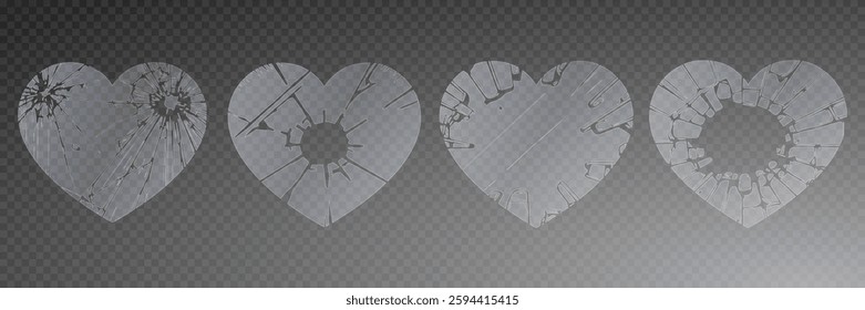 Broken heart gothic vector icon set, love sign rock gothic sticker, cracked shapes. Broken Glass Hearts with Cracks. Shattered Heart Shapes. Vector illustration. Different variations of broken heart