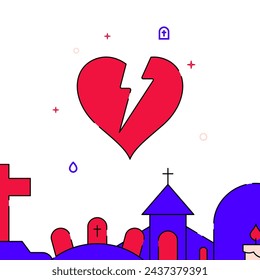 Broken heart, grief filled line vector icon, simple illustration, related bottom border.
