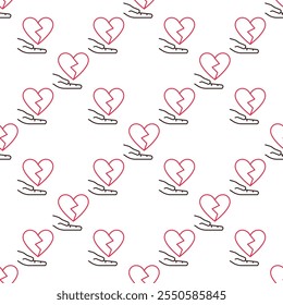 Broken Heart with Hand vector Emotional Struggle seamless pattern in thin line style