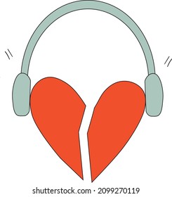 Broken Heart Headphones. Favorite Sad Song. Vector Hand Drawn Flat Illustration