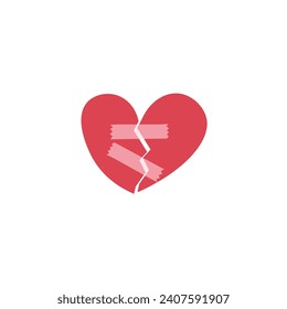 Broken heart healed with tape flat vector illustration isolated on white background. Element for Valentine's day concept. Doodles clip art in cartoon style. Happy Valentine's day.