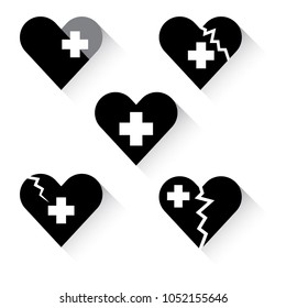 Broken heart and healing. Vector set of icons and symbols.Heart in black color with unfilled heart, divide,break,fractured.isolated on white background.Vector illustration.Flat design.love and pain.