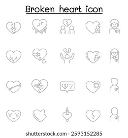 Broken heart, heartbreak icon set in thin line style