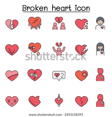 Broken heart, heartbreak icon set in color line style