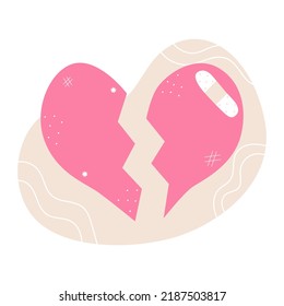 Broken heart, heartbreak symbol. Couple conflict, divorce, love end concept. Flat vecor illustration, isolated on a white background.