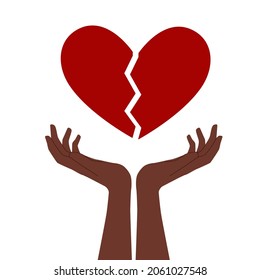 Broken heart in his hands. Symbol of love and charity. Vector flat illustration