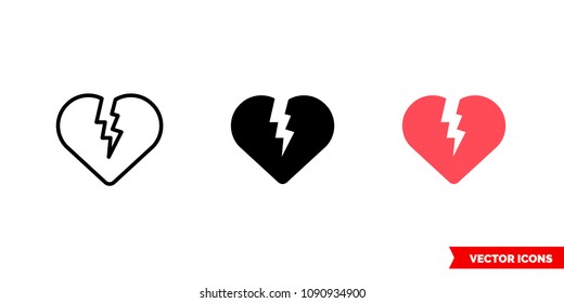 Broken heart icon of 3 types: color, black and white, outline. Isolated vector sign symbol.