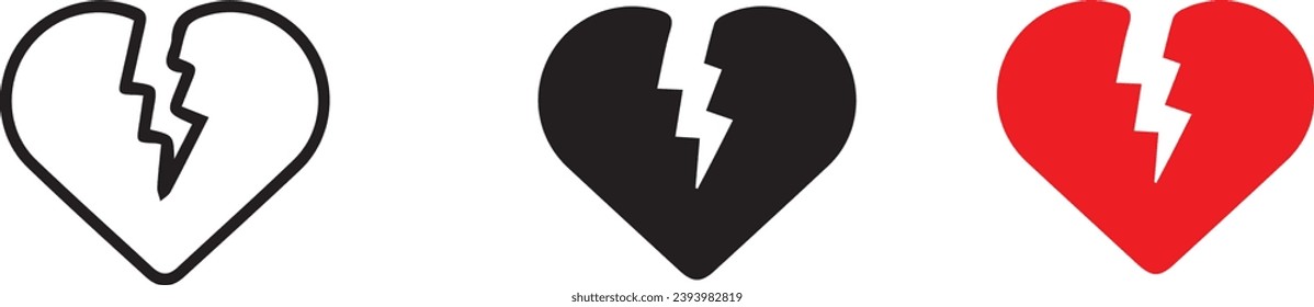 Broken heart icon of 3 types color, black and white, outline.