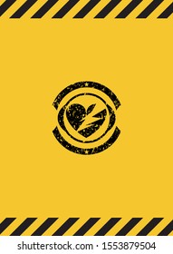 broken heart icon black grunge emblem inside yellow warning sign. Vector Illustration. Detailed.
