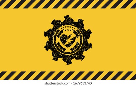 broken heart icon black grunge emblem inside yellow warning sign. Vector Illustration. Detailed.