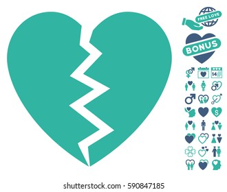 Broken Heart icon with bonus decorative pictograms. Vector illustration style is flat iconic cobalt and cyan symbols on white background.
