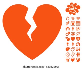 Broken Heart icon with bonus romantic pictures. Vector illustration style is flat iconic orange symbols on white background.