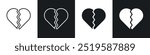 Broken heart icon collection in black and white filled and stroke line style.