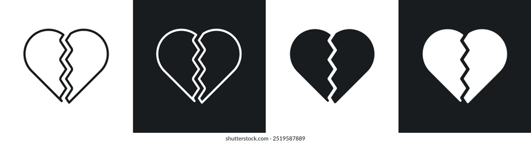 Broken heart icon collection in black and white filled and stroke line style.