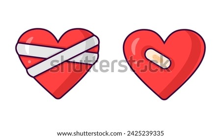 Broken heart icon collection. Heart with medical patch and red heart vector icon. Bandaged wounded heart isolated on white background