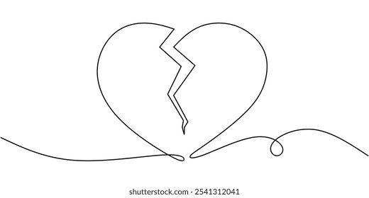 Broken heart icon depicted in a continuous one line drawing. Love concept. Minimalist design in hand-drawn vector style.