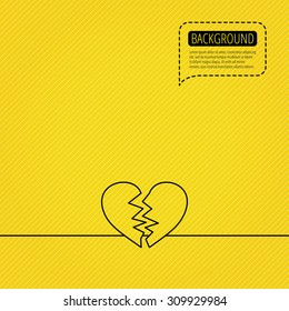Broken heart icon. Divorce sign. End of love symbol. Speech bubble of dotted line. Orange background. Vector