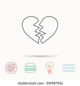 Broken heart icon. Divorce sign. End of love symbol. Global connect network, ocean wave and burger icons. Lightbulb lamp symbol.