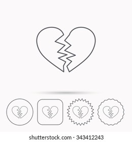 Broken heart icon. Divorce sign. End of love symbol. Linear circle, square and star buttons with icons.