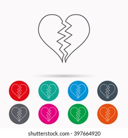 Broken heart icon. Divorce sign. End of love symbol. Linear icons in circles on white background.